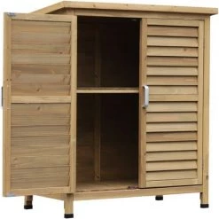 Outsunny Gartenschrank Holz Gerätehaus Gartenhaus Geräteschuppen Geräteschrank Holzhütte Pultdach Bitumenpappe Fensterladen Natur 87 X 46,5 X 96,5 Cm
