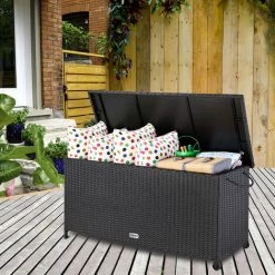 CASARIA Auflagenbox 122x56x61 Cm Poly Rattan Wasserdicht Rollbar 2 Gasdruckfedern Kissen Garten Box Truhe Schwarz