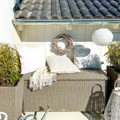 CASARIA Deuba Auflagenbox 122x56x61 Cm Poly Rattan Wasserdicht Rollbar 2 Gasdruckfedern Kissen Garten Box Truhe Grau Beige