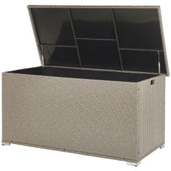 Aufbewahrung im Garten Verkäufe 2022 15 BELIANI Auflagenbox Taupe Rattan 155 X 75 Cm 770 L Mit Deckel Für Garten Für Terrasse Aufbewahrung Kissenbox
