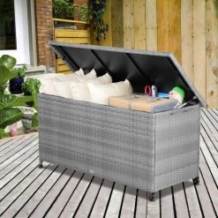 Casaria Poly Rattan Auflagenbox 122x56x61 Cm Wasserdicht Rollbar 2 Gasdruckfedern Kissen Garten Box Truhe Grau