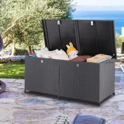 Casaria Auflagenbox Poly Rattan XXL Schwarz 150cm Hubautomatik Gartentruhe Gartenbox Kissenbox Kissentruhe