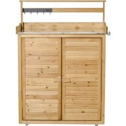 Outsunny Gartenschrank Pflanztisch Mit Unterschrank Geräteschrank Mit Arbeitsfläche 3 Fächern Gartentisch Mit Unterschrank 2 Türen Massivholz Gelb 87 X 45 X 120 Cm