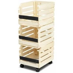 ALICE'S GARDEN 3er-Set Stapelkisten Aus Natürlichem Kiefernholz Mit Rädern, Vorratskiste, Gemüseaufbewahrung, Schiefertafel, L37 X B30 X H80cm Gestapelt