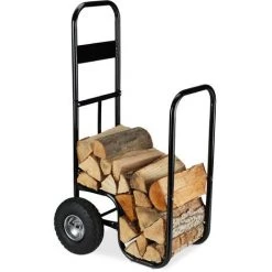 Relaxdays Kaminholzwagen, Brennholzwagen Aus Stahl, Mit 2 Luftreifen, Bis 60 Kg, Holztransport & -aufbewahrung, Schwarz
