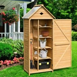 Aufbewahrung im Garten Verkäufe 2022 29 GOPLUS Geraetehaus Gartenhaus Geraeteschuppen Geraeteschrank Gartenschrank Gartenschuppen,Hellbraun, Aus Holz, 70 X 35,5 X 176cm